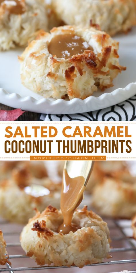 Indulge in the sweetness of our Salted Caramel Thumbprint Cookie Recipe! These tender, smooth salted caramel coconut thumbprint cookies are a delightful twist on traditional favorites. Perfect as easy Christmas cookies to impress at any gathering. Elevate your holiday baking recipes with this treat! Coconut Thumbprint Cookies, Coconut Caramel Cookies, Hot Chocolate Cookies Cups, Best Christmas Cookie Recipes, Christmas Cookies Recipes, Caramel Coconut, Christmas Cookie Recipes Holiday, Holiday Baking List, Salted Carmel