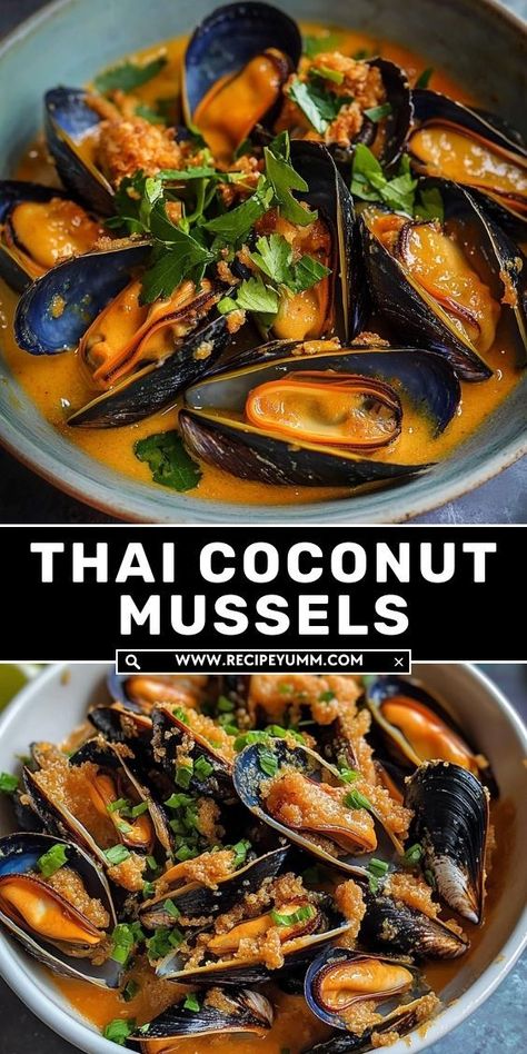 These Thai Coconut Mussels are a deliciously exotic dish, bringing together tender mussels in a fragrant coconut milk broth infused with bold Thai flavors. The broth is made with garlic, ginger, lemongrass, lime, and a touch of chili, creating a perfect balance of creamy, spicy, and tangy notes. Paired with fresh mussels, this dish is both savory and aromatic, making it a standout meal or appetizer. Serve with a side of crusty bread or steamed rice to soak up the rich, flavorful broth for a truly unforgettable meal! Coconut Mussels Recipe, Mussels Coconut Milk, Cooking Mussels Recipes, Thai Lobster Recipes, Thai Coconut Mussels, Half Shell Mussels Recipe, Thai Mussels Recipe, Spicy Mussels Recipe, Valentines Seafood Dinner