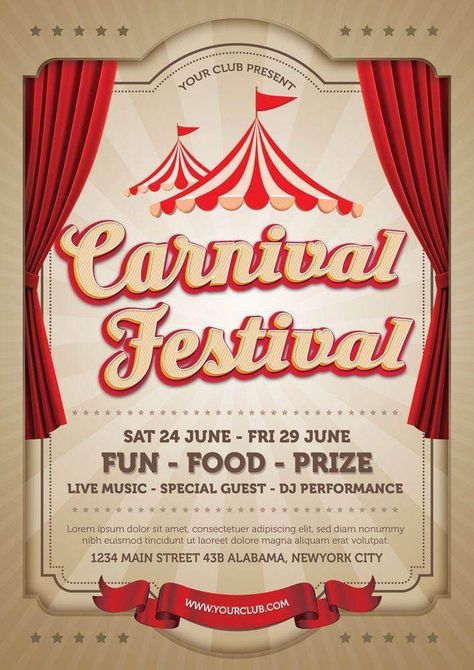 Carnival Pubmat, Carnival Poster Design, Carnival Flyer, Pubmats Ideas, Circus Themed Birthday Party, Carnival Poster, Fall Festival Games, Carnival Design, Carnival Invitations