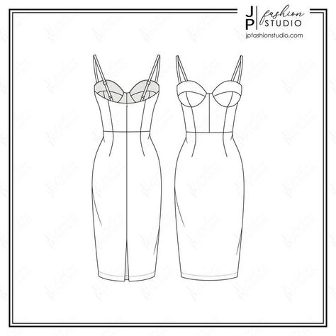 Corset Dress Illustration Fashion, Flat Sketches Front And Back, Bustier Technical Drawing, Digital Dress Illustration, Bodycon Dress Flat Sketch, Flat Sketches Dress Front And Back, Dresses Technical Drawing, Corset Dress Drawing Sketches, Dress Flats For Women