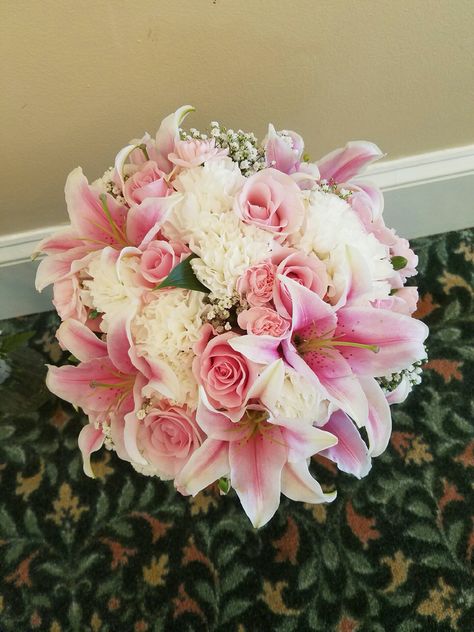 Carnations And Lilies Bouquet, Bridal Bouquet Lilies And Roses, Pink Hibiscus Bouquet, Pink Lily Wedding Flowers, Pink Roses And Lilies Bouquet, Pink Lily Of The Valley Bouquet, Lily And Rose Centerpiece Wedding, Lillie Wedding Bouquets, Lily And Carnation Bouquet