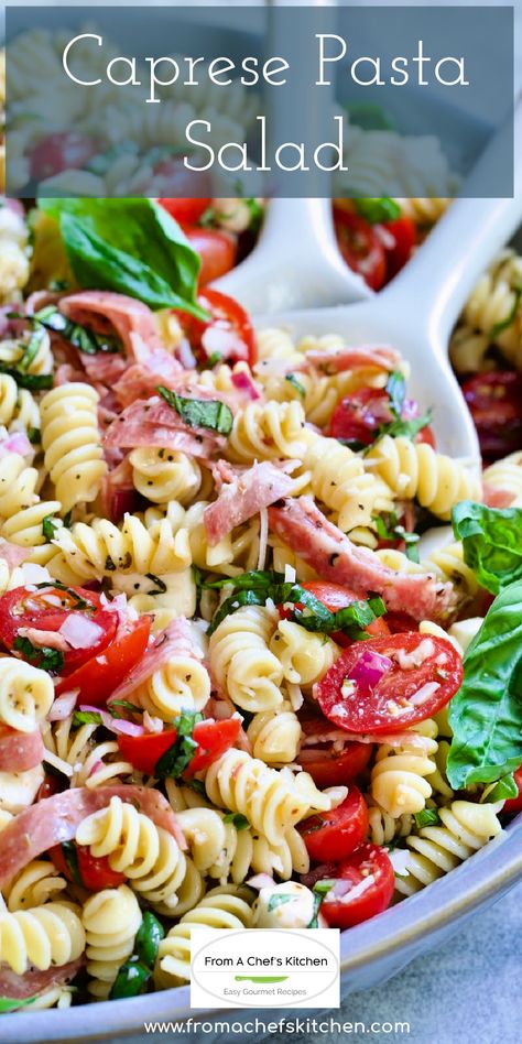 This recipe for Caprese Pasta Salad is a delightful twist on the classic Caprese salad and is full of fresh, summery flavor! Cherry tomatoes, mozzarella, and sweet basil are added to tender pasta and salami before everything gets tossed in a delicious tangy Italian dressing. This pasta salad is perfect for picnics or summer get-togethers and is sure to be a crowd-pleaser! Tomato Basil Mozzarella Salad, Calabrese Salad, Caprese Salad Pasta, Italian Pasta Salad Recipes, Salami Pasta, Tomato Basil Recipes, Picnic Pasta Salad, Pasta Salad With Italian Dressing, Italian Dressing Pasta Salad