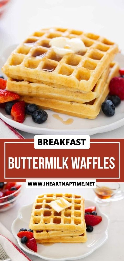 These buttermilk waffles are fluffy with the crisp edges! This classic breakfast recipe makes mornings extra special when topped with fresh berries and maple syrup. Buttermilk Waffle Recipe, Buttermilk Breakfast, Easy Lunch Box Recipes, Cinnamon Roll Monkey Bread, Buttermilk Waffles, Crispy Waffle, I Heart Naptime, Buttermilk Recipes, Waffle Recipe