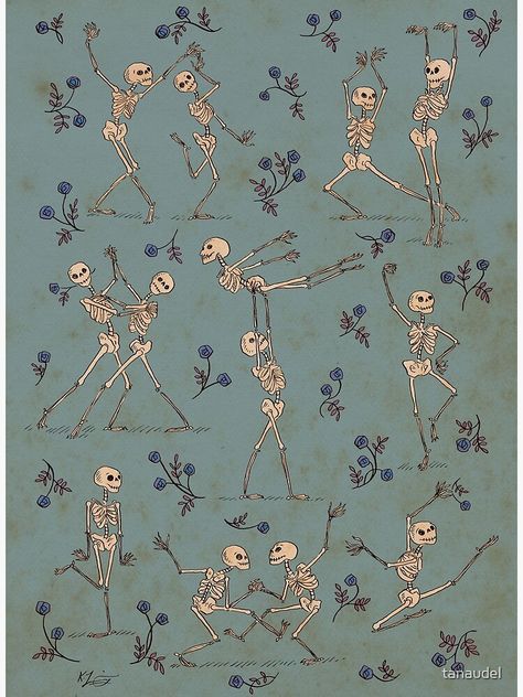 "Skeleton Dance — blue" Art Print for Sale by tanaudel | Redbubble Skeleton Mural, Blue Skeleton Wallpaper, Dancing Skeleton Wallpaper, Dancing Skeleton Tattoo, October 2022 Calendar, Skeletons Dancing, Skeleton Dancing, Dry Bones, Skeleton Dance