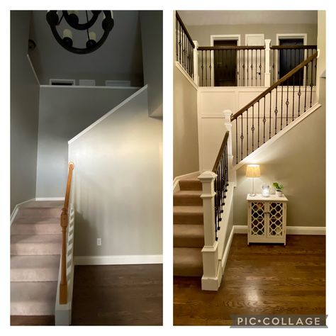 Open Half Wall Stairs, Half Wall Upstairs Loft, Half Wall Vs Railing, Staircase With Half Wall, Half Wall To Banister, Remove Staircase Wall, Open Staircase Makeover, How To Open Staircase Wall, Stairwell Halfwall