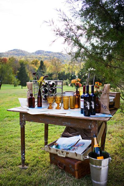 Inspiration: Vintage Wine Table! Rental Items needed for a similar look: Our "Sheena" table and Vintage suitcases! www.tracyfowler.com Thanks to Style Me Pretty Nashville Elopement, Wine Making Process, Welcome Table, Wine Table, Vintage Suitcases, Vintage Trends, Diy Bar, Food Table, Vintage Bottle