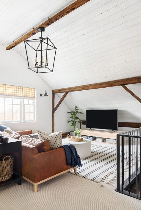 Our Favorite Pieces From Dream Home Makeover Dream Home Makeover Studio Mcgee, Attic Rooms, Studio Mcgee, Furniture Layout, Wood Beams, Historic Home, Bonus Room, Home Renovation, Room Inspiration