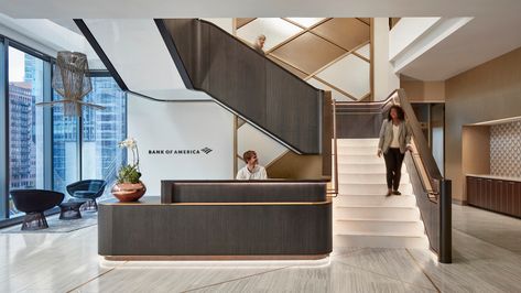 Bank of America Chicago | IA Interior Architects Reception Desk Under Staircase, Commercial Vestibule Design, Bank Lobby Design, Bank Lobby Interior Design, Bank Reception Design, Reception Under Stairs, Modern Bank Interior Design, Office Stairs Design, Bank Office Interior Design