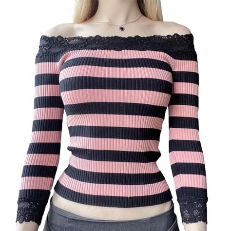 Striped Off Shoulder Top, Off Shoulder T Shirt, Full Sleeve Tshirt, Aesthetic Streetwear, Stripe Outfits, Looks Party, Streetwear Aesthetic, Lace Sweater, Girls Stripes