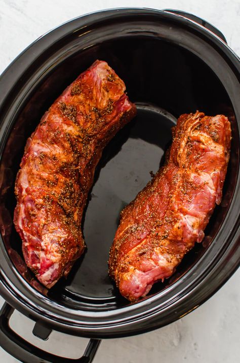 Crock Pot Baby Back Ribs are cooked in the slow cooker and then finished off with BBQ sauce under the broiler for a few minutes. Fall-off-the-bone tender, easy, and absolutely delicious! Freezing instructions included. #ribs #slowcooker #crockpot #recipe #freezermeal #freezercooking Ribs In Crock Pot, Pork Baby Back Ribs, Babyback Ribs Recipe, Babyback Ribs, Slow Cooker Pork Ribs, Oven Cooked Ribs, Crockpot Recipes Ground Beef, Slow Cooker Bbq Ribs, Chicken Breast In Air Fryer