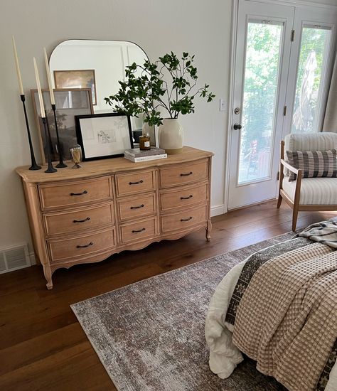 Light Bedroom Furniture Wood, Tall Dresser Styling Bedroom, Moody Bedroom Dresser Decor, Master Bedrooms Decor Antique, Organic Modern Dresser Decor, Bedroom With 2 Dressers, Guest Room Dresser Decor, Bedroom Inspirations Dresser, 2 Dressers In Bedroom