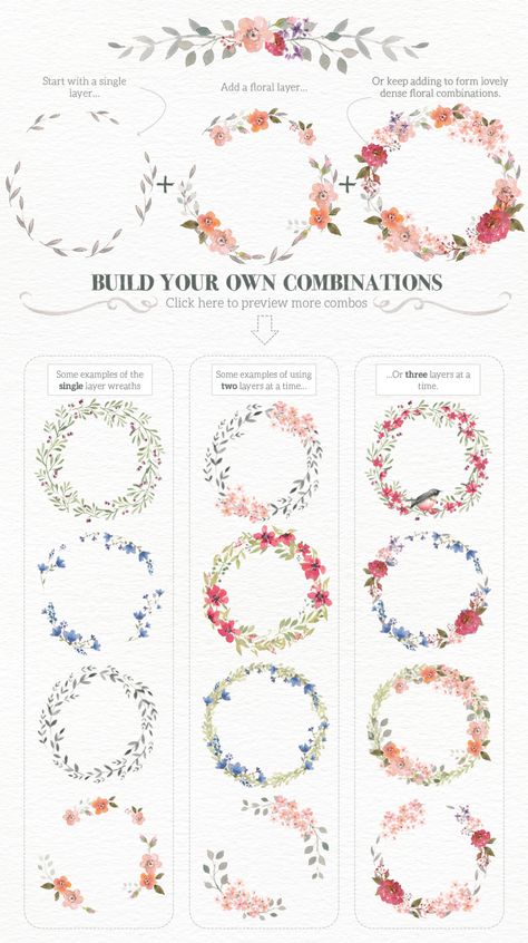 With just a few clicks of the mouse, you'll be creating beautiful watercolour wreaths in seconds! Watercolour Wreath, Flower Wreaths, Floral Wreaths, Diy Tattoo, Pola Sulam, Wreath Watercolor, Watercolor Inspiration, الرسومات اللطيفة, Flowers And Leaves