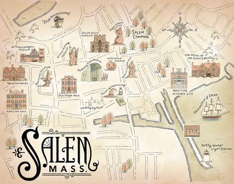 "Hand-drawn, hand-lettered map of downtown Salem, Massachusetts. 11x14\" map, printed on Epson Ultra Premium Presentation paper. Ships flat in a cello sleeve." Salem Massachusetts Map, Salem Massachusetts In October, Gothic Atmosphere, New England Gothic, Game Branding, Salem Massachusetts Travel, Salem Trip, Salem Wedding, Salem Map