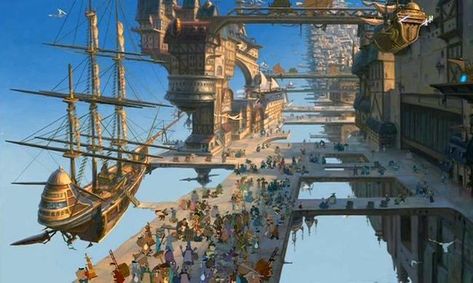 Décor Steampunk, Steampunk Airship, Space Fantasy, Treasure Planet, Fantasy City, Fantasy Setting, Fantasy Places, Steampunk Art, Fantasy Art Landscapes