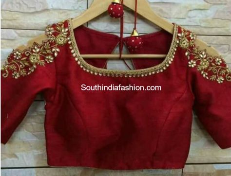 Embroidered Cold Shoulder Blouse Cold Shoulder Saree Blouse, Cold Shoulder Blouse Designs, Tattoo Sunflower, Casual Blouse Designs, 50 Blouse Designs, Tattoo Neck, Super Tattoo, Maggam Work Blouse, Best Blouse Designs