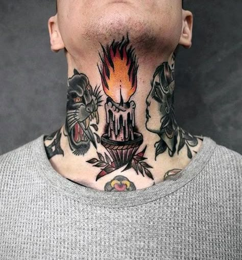 Front Neck Tattoo Design, Full Neck Tattoos, Old School Ink, Neck Tattoo Ideas, Best Neck Tattoos, Trad Tattoos, Small Neck Tattoos, Side Neck Tattoo, Candle Tattoo