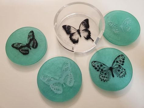 Handmade resin coaster set using "Let's Resin" brand resin and 3d butterfly stickers on Amazon Resin Coaster, Paper Butterflies, Crystal Butterfly, Butterfly Wall Stickers, Home Diy Decor, 3d Butterflies, Butterfly Wall, Resin Art, Coaster Set