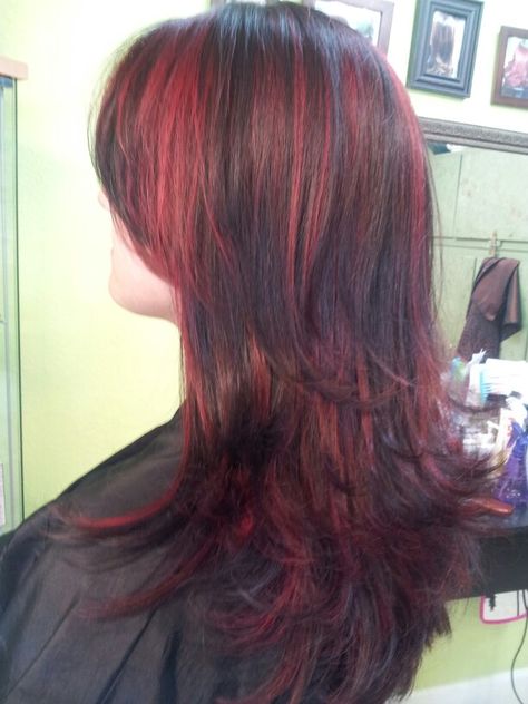 Red hight light Y2k Red Highlights, Red Hair With Lighter Red Highlights, Thick Red Highlights On Black Hair, Red Highlights With Layers, Dark Red And Light Red Hair, Dark And Light Red Hair, Thick Red Highlights, Curtain Bangs With Red Highlights, Red Highlights In Brown Hair Wolfcut