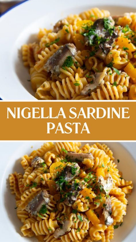 Nigella Sardine Pasta Cod With Pasta Recipes, Recipes For Sardines, Delicious Sardine Recipes, Sardine Recipes Canned Pasta, Pasta Sardines, Pasta With Sardines Recipe, Pasta With Sardines And Capers, Spanish Sardines Pasta, Sardine Pasta