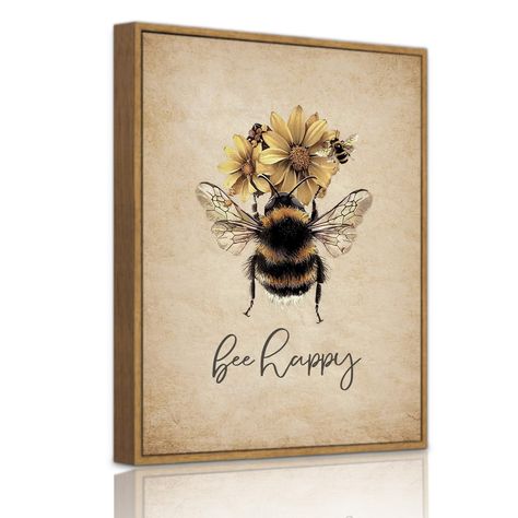 PRICES MAY VARY. [Bee Wall Art] - Bees are picking honey, and the joy of bees picking honey is described through the text "Bee Happy". A retro background is added to create a retro atmosphere in the entire picture. The picture expresses the need to maintain a happy mood in both work and life. It will be the perfect fun art decoration for your room. [CLEAR Printing] - Canvas painting is smooth, waterproof and fade resistant. Surface clear printing makes the pattern more vivid and realistic; No on Whimsical Bee Art, Bee Living Room Decor, Bee Pictures Art, Bee Yourself, Bee Stuff, Bee Pictures, Bee Wall Art, Toilet Art, Housewarming Card