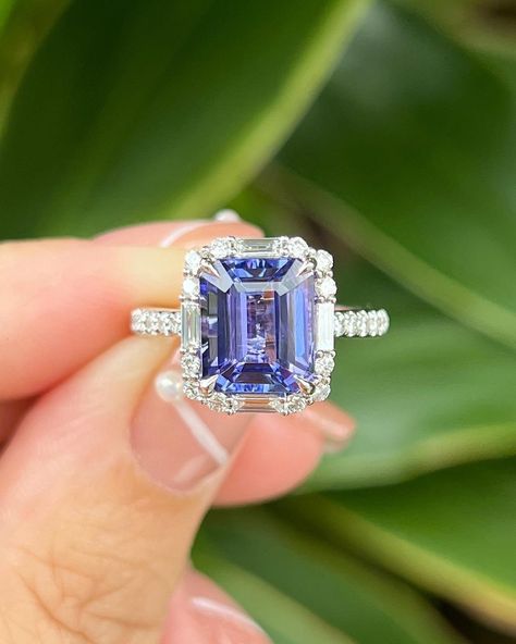 Tanzanite Engagement Ring, December Birthstone Ring, Moissanite Engagement Ring Halo, Tanzanite Jewelry, Tanzanite Stone, Ring Halo, Emerald Cut Rings, Make Jewelry, Tanzanite Ring