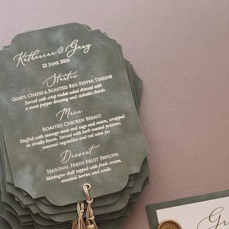 Luxury Wedding Invitations on Instagram: "Sage green velvet menu cards with tassels + matching layered place cards.  #menucards #weddingmenu #weddingmenus #menucardsdesign #receptionstationery #weddingreception #placecards #luxurymenus #weddingmenucard" Green Wedding Place Cards, Wedding Menu With Tassel, Roasted Chicken Breast, Wedding Menu Cards, Luxury Wedding Invitations, Vegetable Seasoning, Stuffed Sweet Peppers, Design Wedding, Wedding Place Cards