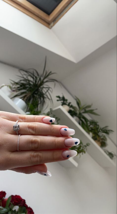 Navy Heart Nails, Navy Blue Heart Nails, Blue Hearts Nails, White And Navy Blue Nails, Sailor Nails, Navy Nails, Navy Blue Nails, Milky Nails, Navy Sailor