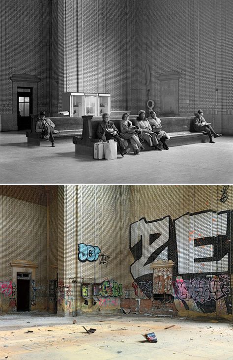 How could the demise of commerce and population, such  as in Detroit, be avoided despite the outsourcing of important industries? A city should not be crippled by changes in business. They should be self sufficient and capable of overcoming economic difficulties for the sake of their residents. Detroit Before And After, Detroit Ruins, Abandoned Detroit, Detroit History, Then And Now Photos, Forgotten Places, State Of Michigan, Motor City, Ghost Town