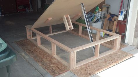 DIY Lift Storage Bed | the last major cuts that you need to make are the side boards to cover ... Lift Storage Bed, Diy Storage Bed, Bed Lifts, Aesthetic Bed, Closet Aesthetic, Diy Bed Frame, Closet Room, Small Space Storage, Room Bed