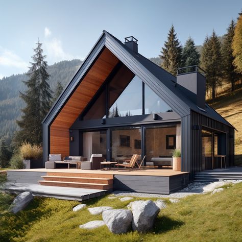 Houses In The Mountains, Chalet Modern, House In The Mountains, Small Barn House, Farm Style House, Modern Wooden House, Backyard House, Bloxburg Modern, Prefab Cabins