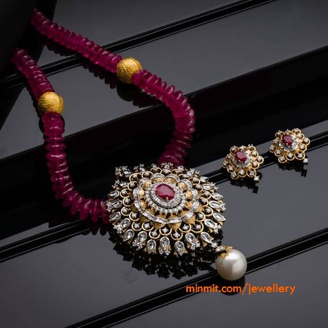 diamond-pendant-with ruby Diamond Pendant Set, Diamond Pendant Sets, Jewelry Set Design, Gold Pendant Jewelry, Wedding Jewellery Collection, Diamond Jewelry Designs, Ruby Pendant, Gold Fashion Necklace, Gold Jewellery Design Necklaces