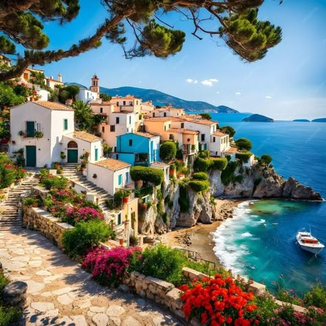 Premium AI Image | Nestled along a rocky seashore there lies a quaint Greek seaside village that epitomizes picturesqu Greek Village House, Greek Village Minecraft, Greek Islands Aesthetic, Sonic Pirate, Tyche Goddess, Seaside Architecture, Legend Of The Fall, Mediterranean Forest, Environmental Illustration