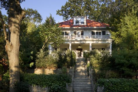 Park Hill House - Fine Homebuilding Wooden Porch Columns, American Foursquare House, Foursquare House, Four Square Homes, American Foursquare, Square House Plans, Luxury Beach House, Stucco Homes, Beach House Plans