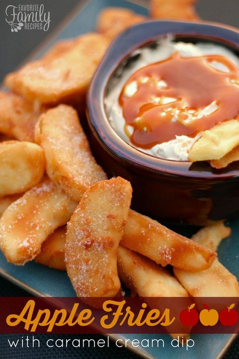 These Apple Fries slices are lightly battered and fried in a shallow pan, then sprinkled with cinnamon and sugar. The caramel dip is creamy and caramel infused, and oh so yummy. Find all our yummy pins at https://www.pinterest.com/favfamilyrecipz/ Apple Fries, Weight Watcher Desserts, Apple Caramel, Warm Desserts, Cream Dip, Caramel Dip, Caramel Cream, Autumn Evening, Fried Apples