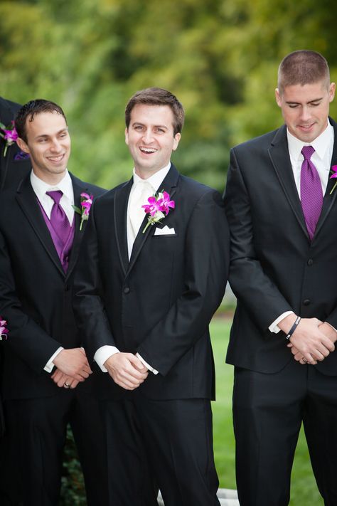 Black and Purple Groomsmen Look Black And Purple Groomsmen, The Hawthorne House, Purple Groomsmen, Mix Match Bridesmaids, Hawthorne House, Fairy Tail Wedding, Dark Purple Dresses, Groomsmen Looks, Air Tent