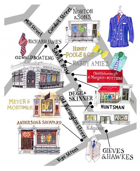 Savile Row map - Hennie Haworth Creative Maps, London Bridges, Saville Row, Illustration Travel, Hardy Amies, Map Illustration, Travel Globe, Travel Map, London Town