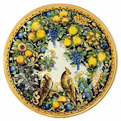 PT09/001/P - MAJOLICA MONTELUPO PAPPAGALLO: Wall Plate (26D.) Love Parrots, Mythological Animals, Antique Wall Decor, Mandala Canvas, Bird Plates, Olive Oil Dispenser, Italian Pottery, China Painting, Pretty Decor