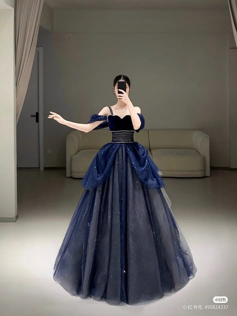 Black And Blue Gown, Celestial Dress Gowns, Blue Fantasy Gown, Celestial Dresses, Celestial Ball Gown, Celestial Dress, Debut Dresses, Midnight Blue Dress, Old Fashion Dresses