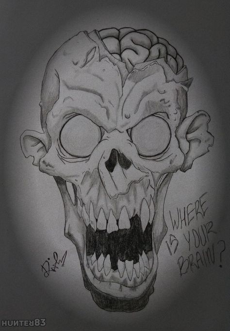 Zombie Brain Drawing, Zombie Drawings Easy, Zombie Drawing Sketch, Zombie Drawing Easy, Zombie Sketch, Zombie Drawing, Easy Skull Drawings, Zombie Brain, Black Zombie