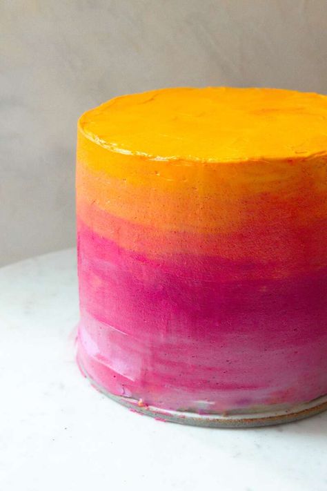 How to make a colorful ombre cake | King Arthur Baking Crumb Coating A Cake, Orange Birthday Cake, Rotating Cake Stand, Two Layer Cakes, Frosting Colors, Orange Birthday, King Arthur Baking, Purple Cakes, Fiesta Tropical