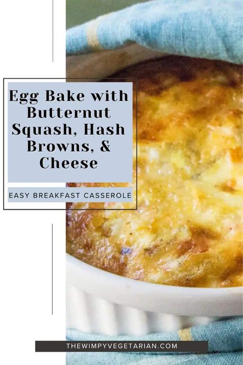 How to make this Egg Bake with Butternut Squash, Hash Browns, and Cheese. This vegetarian breakfast casserole (or breakfast egg bake) is easy to make and filled with flavor. This egg bake recipe is filled with hash browns, butternut squash, and cheese. Put together the night before, and bake the next morning. Squash And Eggs, Pudding Coffee Cake, Vegetarian Dinner For One, Leftover Butternut Squash, Butternut Squash Hash, Brunch Vegetarian, Egg Bake Recipe, Easy Egg Bake, Dinners For One