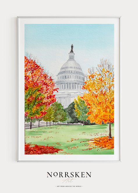 This watercolor painting of Washington DC in United States of America was created from my own original paintings and was printed in high-resolution images so you can download them instantly and print them yourself, either at home or by using a professional printing service! It’s an easy way to get high-quality artwork for less money than a physical art print. #washington #usa #fall #walldecor #watercolor #cityscape #nature #painting #printableart #artprint #gallery #housewarming #gift Washington Painting, Washington Dc Painting, Washington Dc Art, Fall Wall Decor, Usa Print, Fall Prints, Sketchbook Journaling, Online Printing Services, Watercolor Art Prints