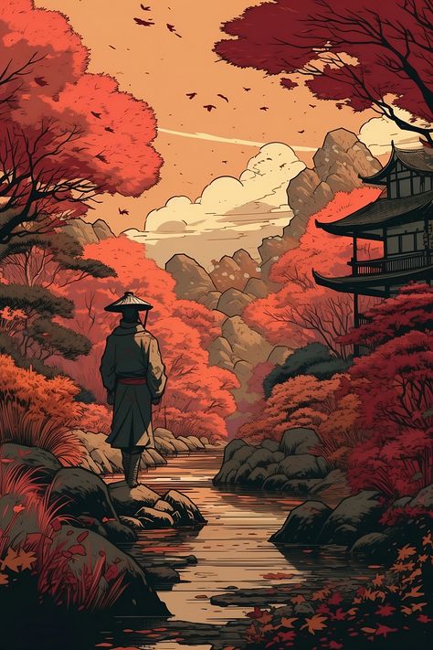 Samurai on autumn Japanese garden. Orange leafs, japanese wood style building, in front of a river. Check out our store for prints, and other products featuring this artwork! Japanese Wallpapers, Beauty Of Japan, Aesthetic Japanese, Best Wallpaper Hd, Best Wallpaper, Japanese Garden, Wallpapers, Screen, Beauty