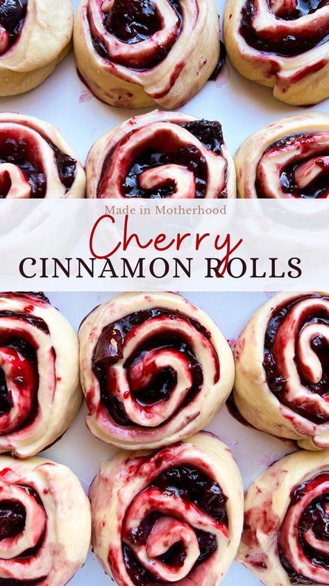 Cherry pie cinnamon rolls before being baked. Filled Dessert Recipes, Cherry Pie Cinnamon Rolls, Cherry Filling Recipes Canned, Sellable Food Ideas, Friends Giving Dishes, Sourdough Cherry Rolls, Crazy Cinnamon Rolls, Dessert Recipes Cinnamon Rolls, Cherry Sourdough Recipes