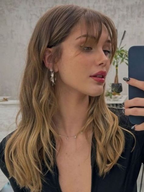 Bangs That Can Be Side Swept, Whispy Front Fringe Long Hair, Blonde Curtain Bangs Long Hair, Whispy Front Fringe, Wispy French Bangs, Haircut 2025, Bang Ideas, Growing Out Bangs, Dirty Blonde Hair