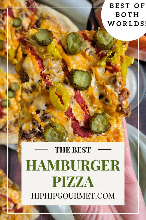 hand holding a slice of hamburger pizza with pickles and pepperoncini over a tray with the rest Homemade Cheeseburger Pizza, Homemade Hamburger Pizza, Cheese Burger Pizza Recipe, Hamburger Pizza Recipes Ground Beef, Cheeseburger Pizza Sauce, Hamburger Pizza Recipes, Cheese Burger Pizza, Cheeseburger Pizza Recipe, Bacon Cheeseburger Pizza