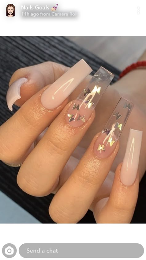 5th Grade Nails, Acrylic Nail Designs Coffin, Acrylic Nails Nude, Gold Acrylic Nails, Butterfly Nails, Grade Spelling, Nude Nail Designs, Colored Acrylic Nails, Nails Design With Rhinestones