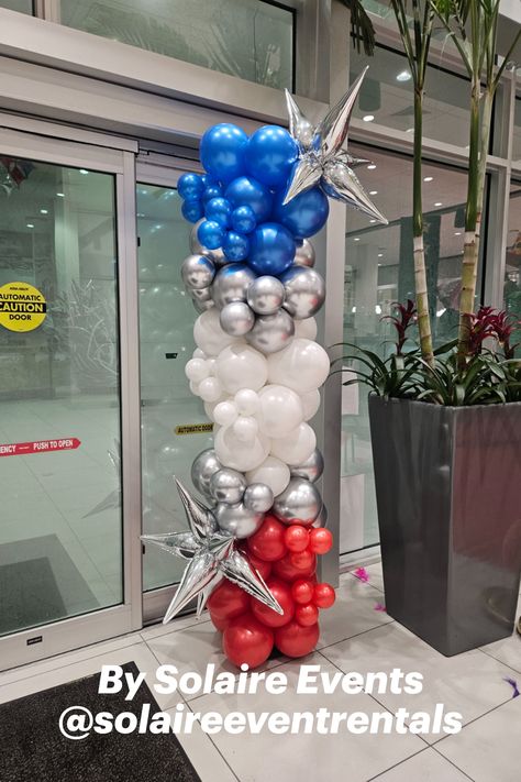 Red, white, blue and chrome silver balloon column for 4th of July. Patriotic Balloon Column Balloon Pillars, White Party Decorations, Blue Birthday Parties, Balloon Tassel, Silver Balloon, Silver Party, Love Balloon, Balloon Sculptures, Birthday Party Balloon