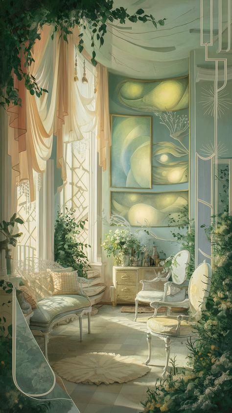 Discover a serene interior scene adorned with pastel hues, flowing drapery, vintage furniture, and Impressionistic artwork. A large window bathes the space in light, enhancing Art Nouveau natural motifs and whimsical Art Deco patterns. Lush greenery and subtle geometric shapes create a harmonious blend of nature and elegance. Perfect for art lovers and home decor enthusiasts! #InteriorDesign #ArtNouveau #PastelDecor #HomeInspiration Art Nouveau Apartment Decor, Art Nouveau Interior Living Room, Art Nouveau Dining Room, Art Nouveau Apartment, Art Nouveau Interior Design, Art Nouveau Living Room, Serene Interior, Art Nouveau Home, Art Deco Homes