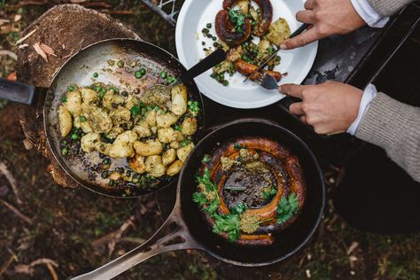 Bangers and Smash — Sarah Glover Picnic Fruit, Wood Fired Cooking, Fire Cooking, Campfire Cooking, Baby Spinach, Summer Picnic, Campfire, Green Beans, Pesto